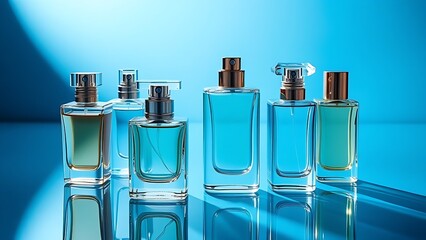 Elegant glass perfume bottles arranged on an azure surface, radiating sophistication and luxury.