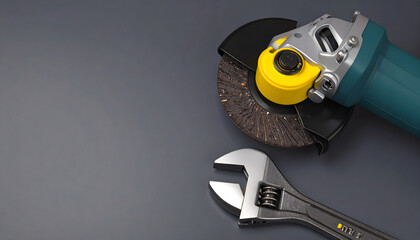 Fototapeta premium A close-up of a DIY project setup with an electric drill, wrenches, and tools