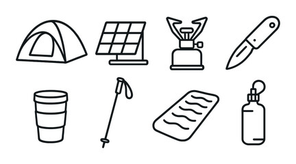 Camping essentials icons for outdoor adventures: tent, solar panel, stove, knife