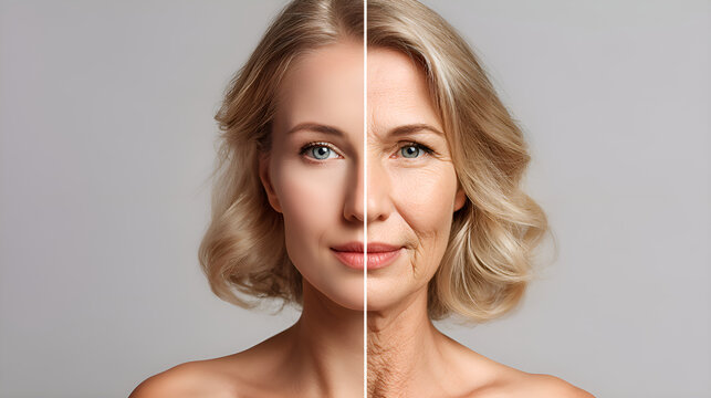 Woman showing aging process on grey background