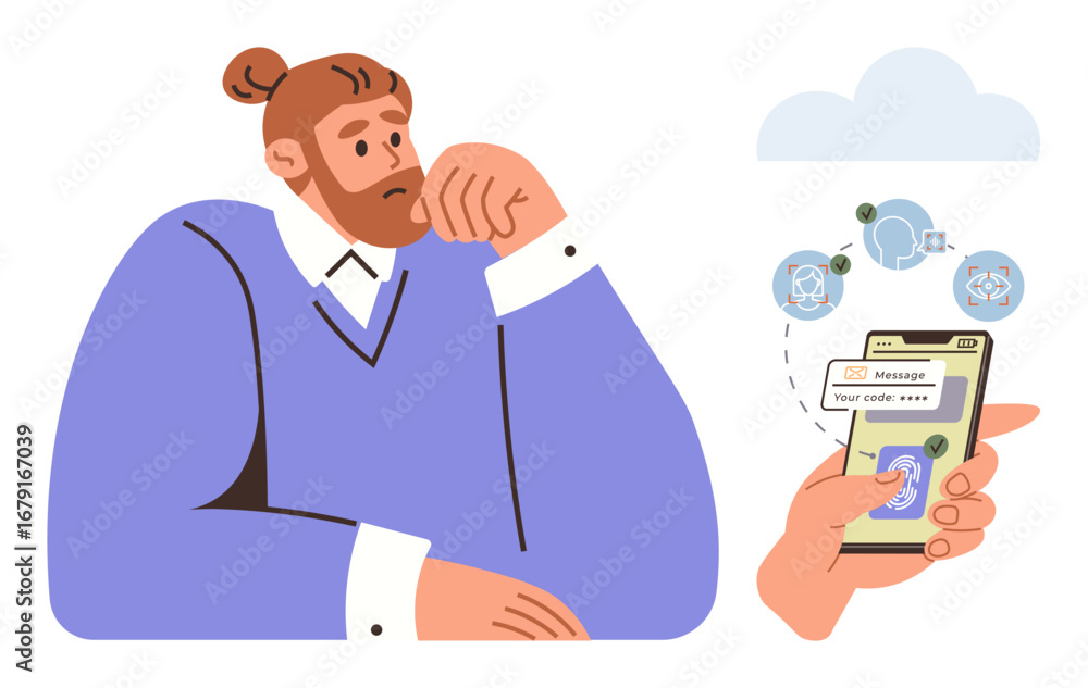 Poster thoughtful man sitting with hand on chin, smartphone displaying security code verification, icons of