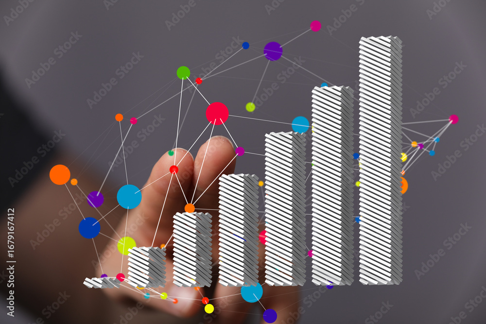 Poster stock photo of a hand interacting with a 3d bar chart showing upward business growth and data connec