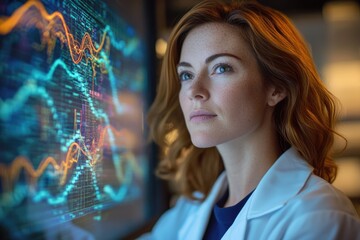 A female scientist intently studies complex data visualizations displayed on a large screen, analyzing intricate charts and graphs.