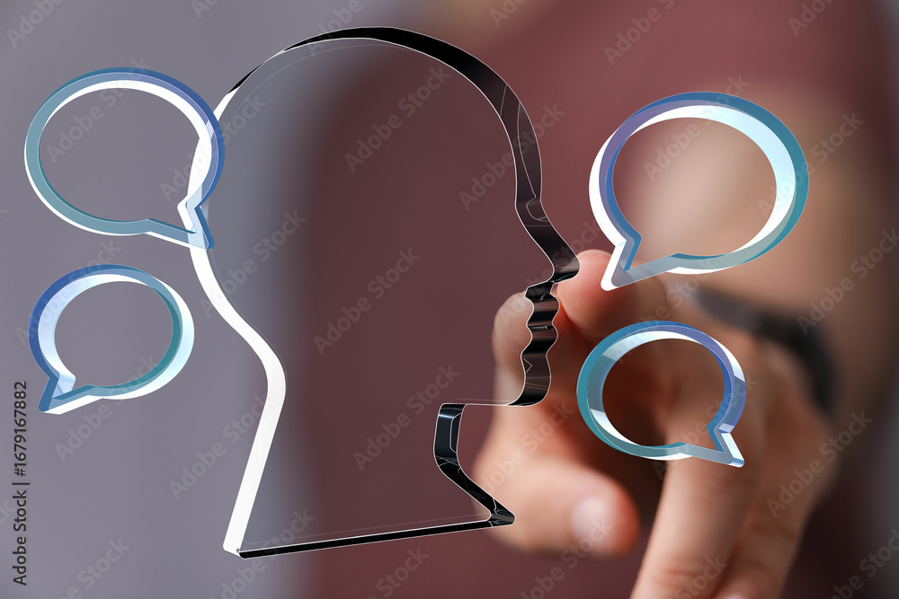 Poster abstract image of a person interacting with digital communication bubbles, representing online commu