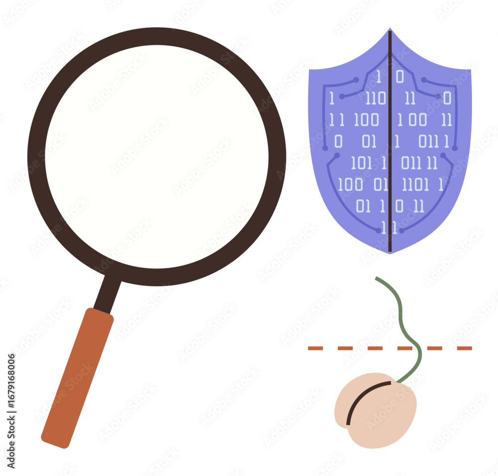 Poster magnifying glass examines a digital shield with binary code, sliced computer mouse symbolizing analy