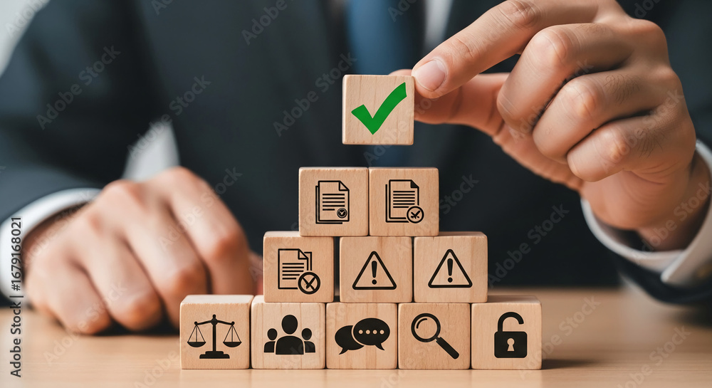 Poster wooden blocks with icons form a pyramid, a hand adds a checkmark block, symbolizing successful probl