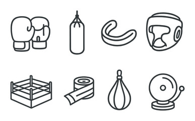 Boxing equipment icons featuring gloves, punching bag, mouthguard, and ring bell