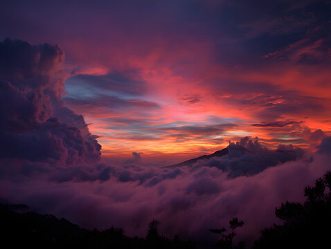 Dramatic Mountain View at Sunset with Vivid Orange and Purple Sky