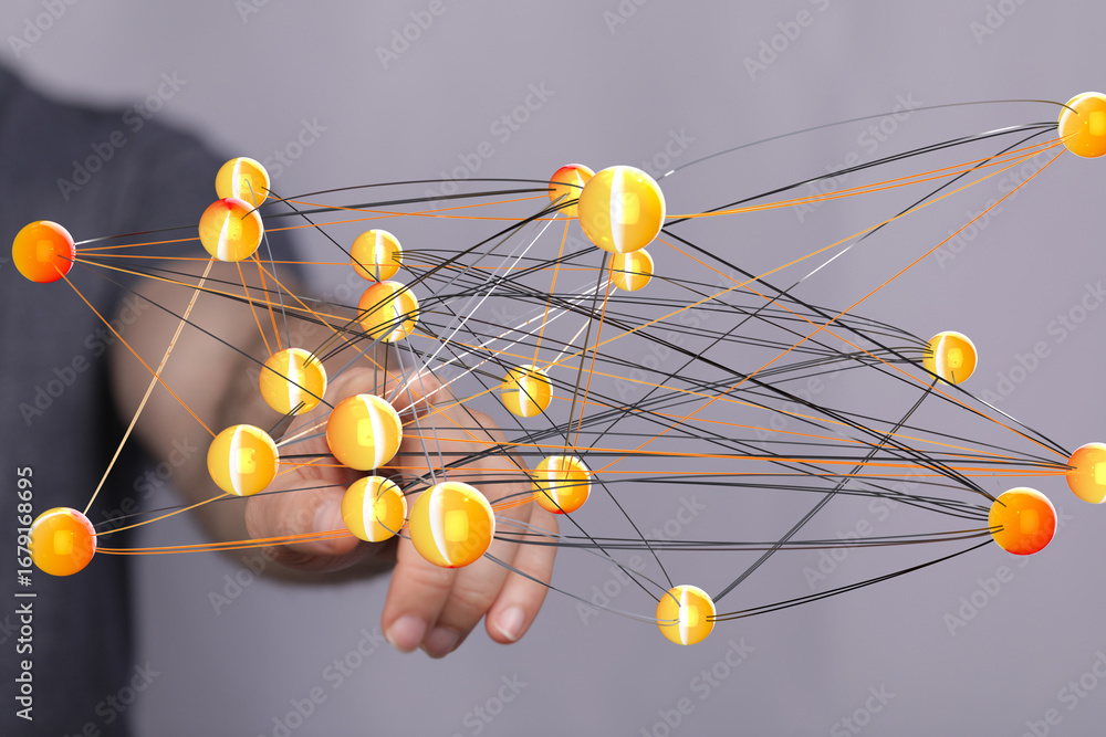 Poster abstract image depicting a complex network of interconnected nodes. ideal for technology, data scien