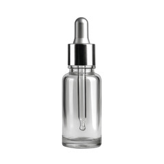 Clear glass dropper bottle with silver cap for essential oils and serums isolated on white background