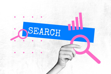 Template sketch image composite artwork collage of hand hold magnifier glass search bar rejection...