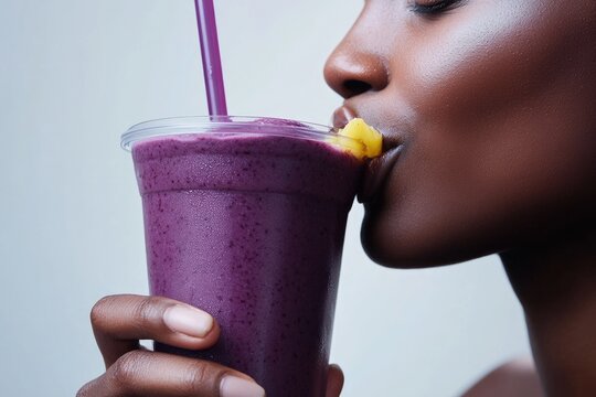 A woman enjoys a refreshing purple smoothie, garnished with a piece of fruit.