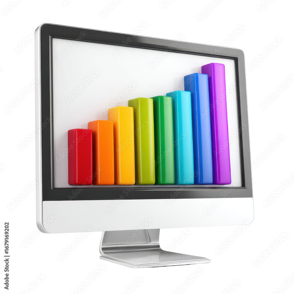 Poster colorful bar graph displayed on a modern computer monitor with screen showing data visualization tre