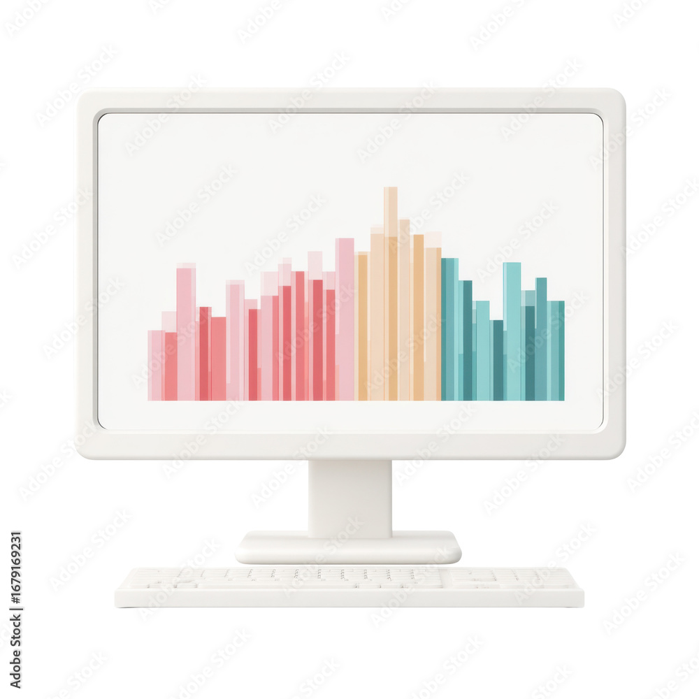 Poster stylish desktop computer displaying colorful bar graph on screen, representing data analysis and mod