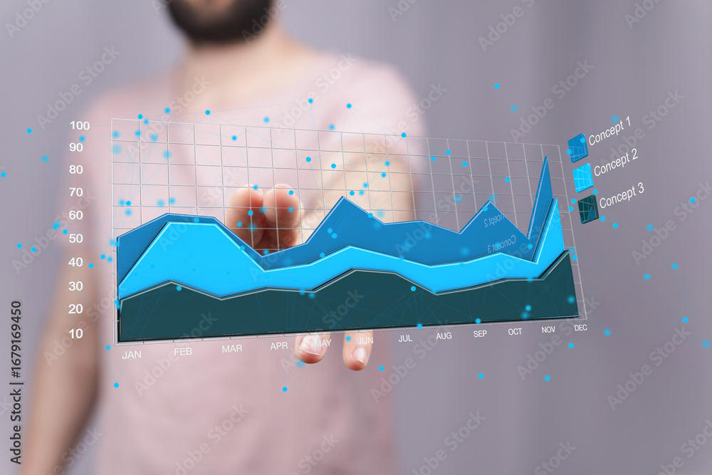 Poster stock photo of a man interacting with a digital graph showing business analytics and financial data.