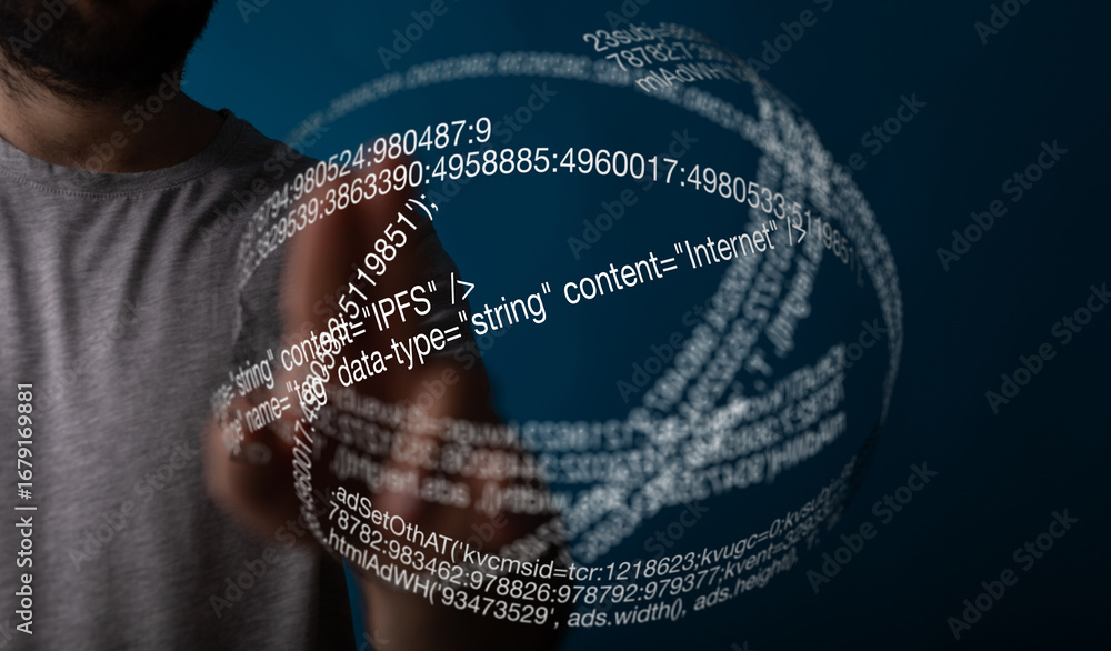 Poster person touches a digital sphere filled with code, representing data and technology.