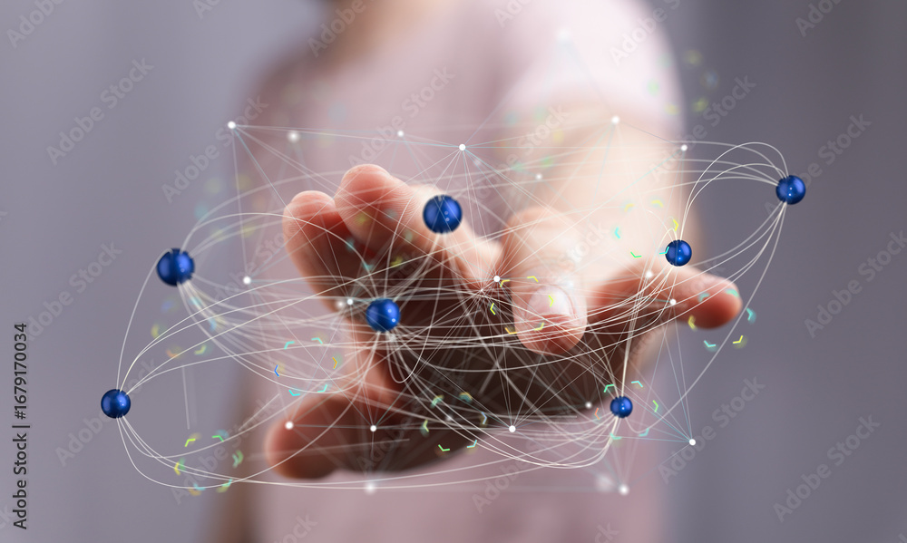 Poster hand reaching towards a network of interconnected nodes, representing global connections and digital