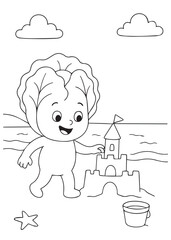 coloring book page of a cabbage building a sandcastle on the beach.
