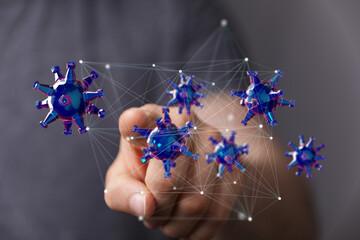 Abstract 3D rendering of viruses connected by a network, ideal for health, technology, and science...