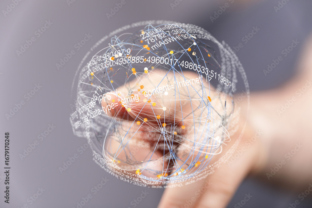 Poster abstract image of hand interacting with a digital sphere representing global network connections and