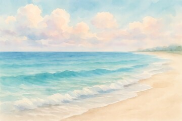 Fototapeta premium Serene watercolor illustration of a tropical beach with calm ocean waves and a summer sky for a relaxing vacation background.