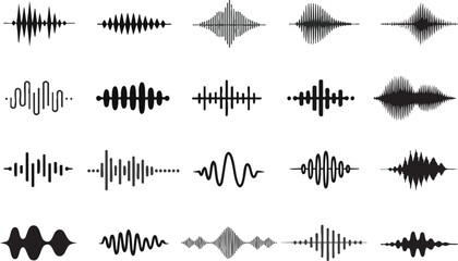 Podcast sound waves. Audio waveforms line icons, sound wave frequency or voice microphone signals. Music, podcast and broadcast, UI and audio branding design. Isolated vector set