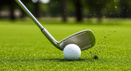 A golfer preparing to strike a white golf ball on a tee with a driver club on a green course. golf club and ball on green