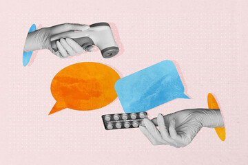 Collage of hands person people using speech bubbles representing chatting online messaging social...