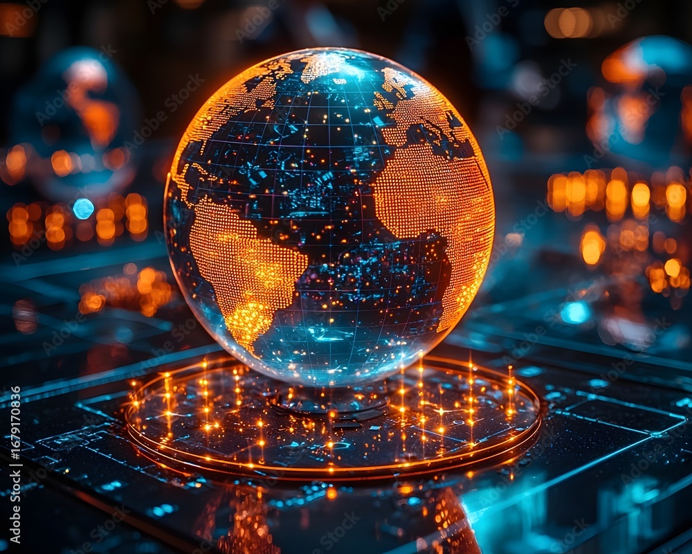 Aufkleber digital earth globe with glowing orange landmasses sits on a futuristic circuit board symbolizing gl