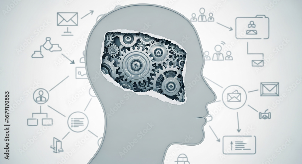 Poster grey head profile with gears visible through a torn section, set against a background of network dia