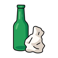 Illustration Vector Graphic Cartoon of a Green Glass Bottle with Crumpled White Tissue Paper