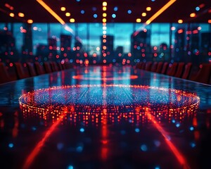 Futuristic conference room with a glowing holographic data projection on the table against a vibrant urban cityscape at night symbolizing modern