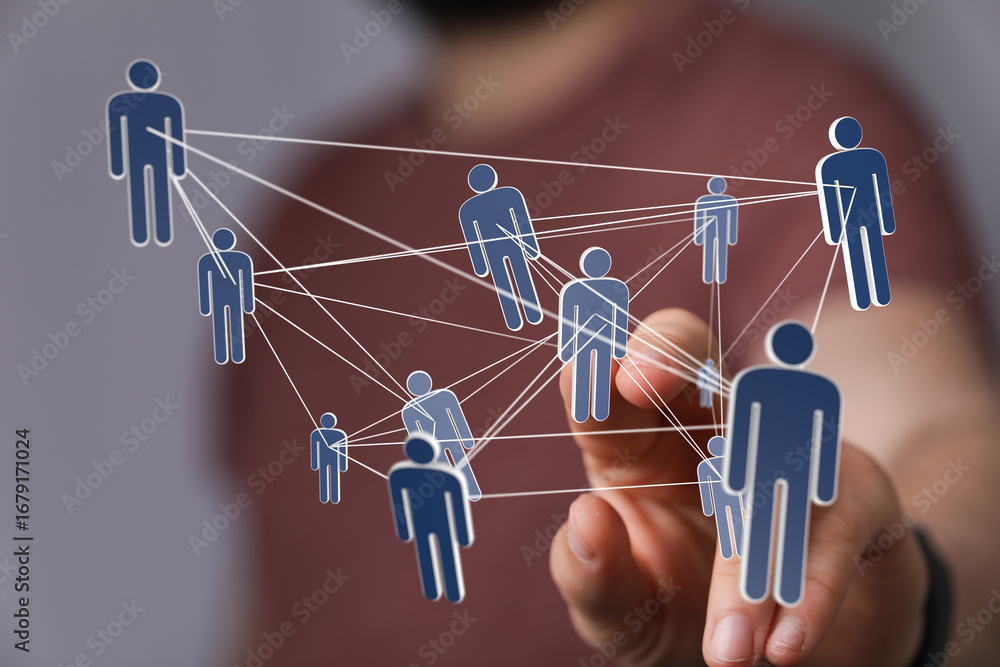 Poster a visual representation of a network, showcasing interconnected individuals in a digital world.