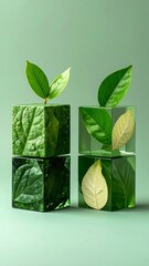 Two stacked, transparent cubes, displaying vibrant green leaves