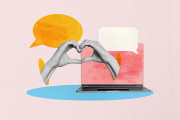 Collage of hands person people using speech bubbles representing chatting online messaging social...