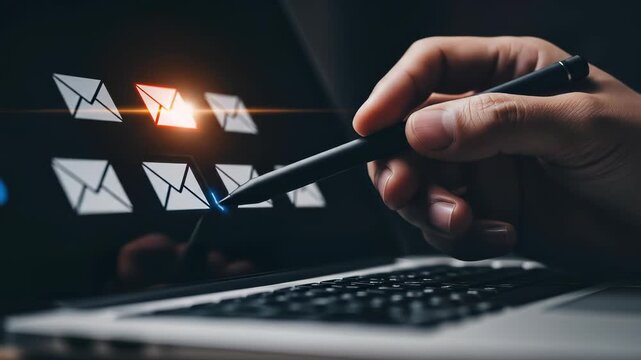 Email Management: Hand Selecting Important Emails on Laptop with Stylus Pen - Prioritize Inbox, Efficient Communication, and Digital Productivity