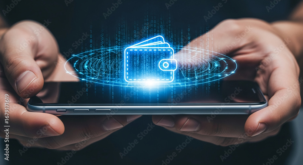 Poster hands hold smartphone displaying digital wallet icon and binary code, symbolizing mobile payment, fi