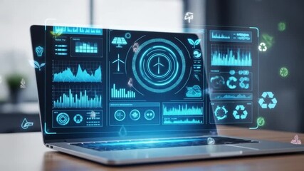 Laptop displaying futuristic interface with renewable energy and sustainability data visualization panel - Powered by Adobe