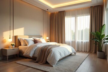 Serene bedroom interior, soft lighting, plush bedding, and minimalist decor create a peaceful atmosphere ideal for relaxation and sleep , hygge, plush bedding, interior design