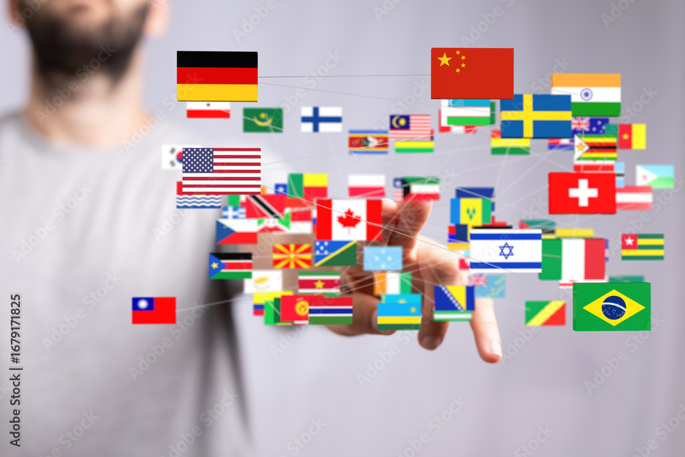 Aufkleber a diverse array of national flags interconnected, symbolizing global collaboration and partnerships.