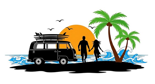 Couple and camper van at sunset on a tropical beach