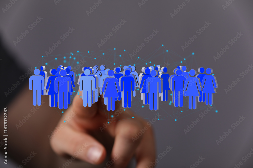 Poster image of a hand interacting with a digital network of people, representing connection and communicat