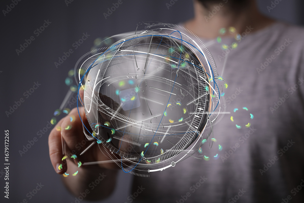 Poster abstract image of a person interacting with a holographic global network, representing connectivity 