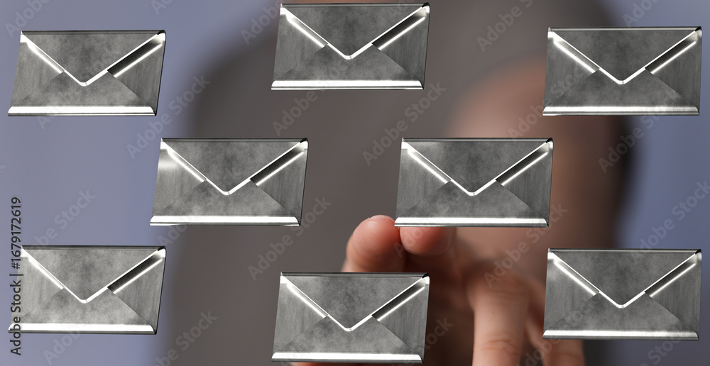 Poster person interacts with multiple email icons, symbolizing inbox management and digital communication.
