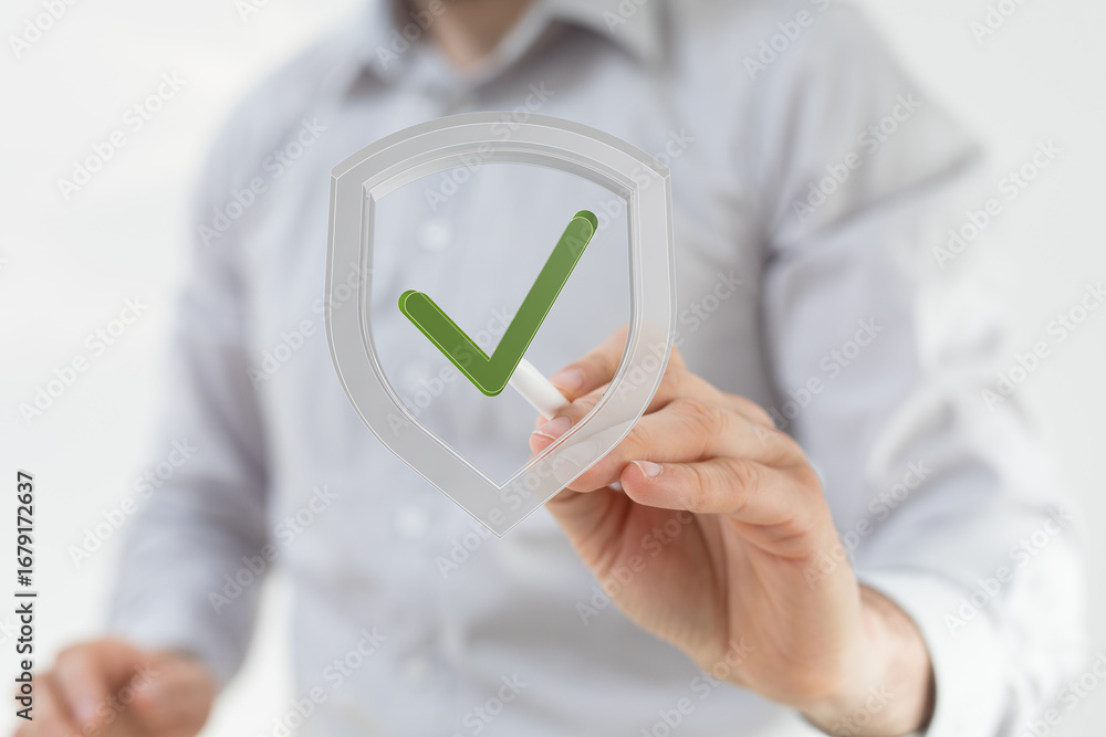 Poster image of a person drawing a checkmark inside a shield, symbolizing security and protection.
