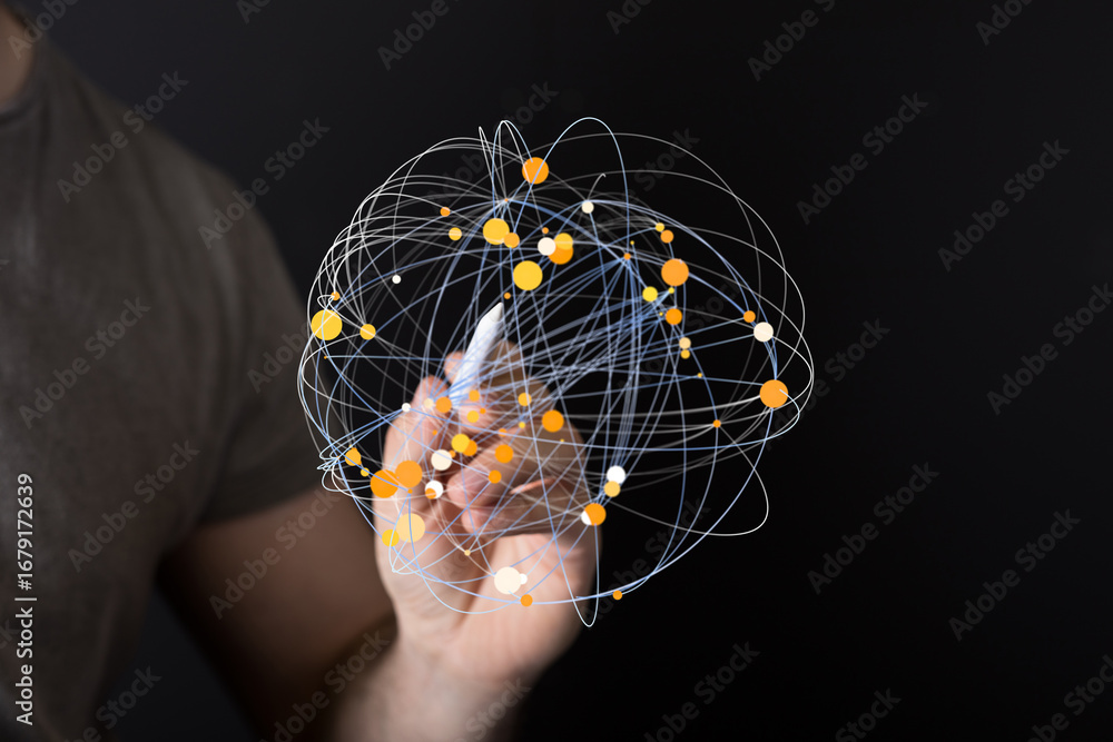 Poster a hand interacts with a digital sphere, visualizing interconnected nodes and global networks. concep