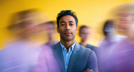 Confident corporate manager isolated in focus as moving people create dynamic blur on yellow and purple scene