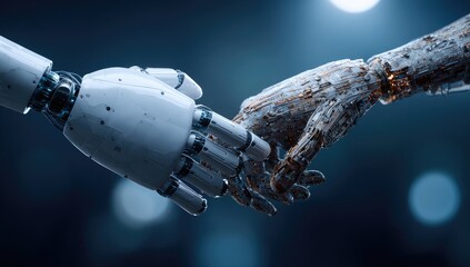 Robotic Hand Gently Holds a Decaying Zombie Hand.