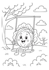 coloring book page of a cabbage swinging on a swing under a tree.