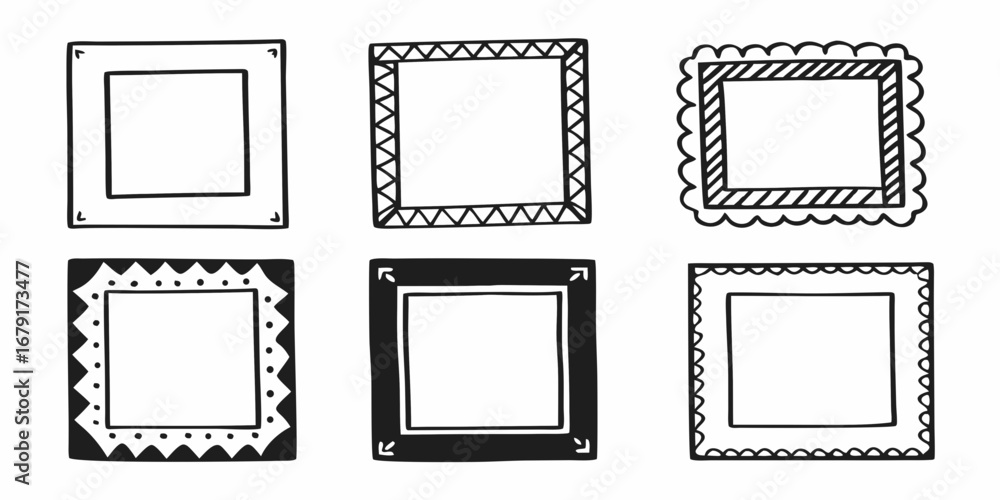 Poster collection of six hand drawn square frames with different decorative borders and empty space inside 
